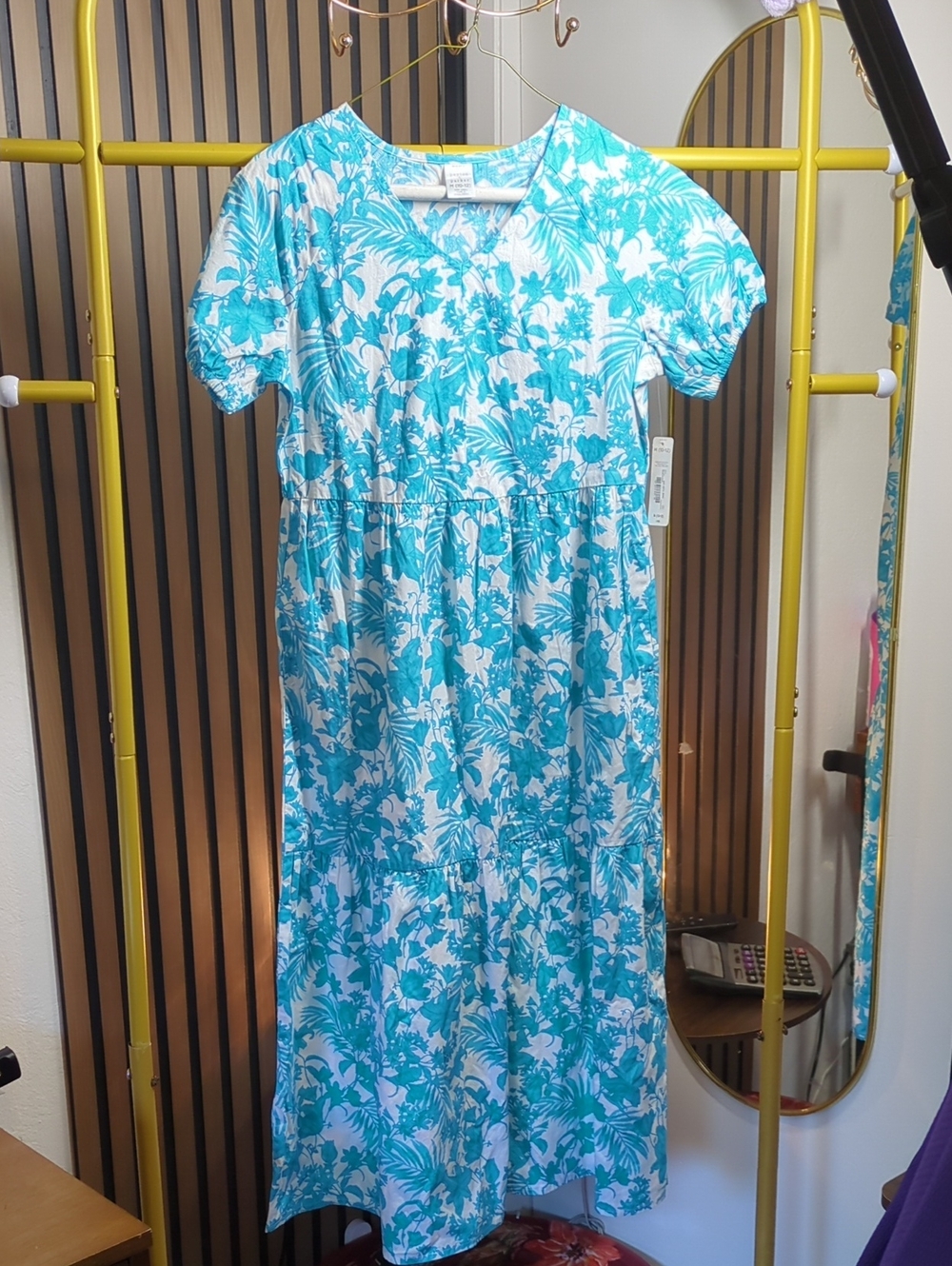 Turquoise & White Tropical Print Midi Dress, Size 10-12. 100% Cotton, New .